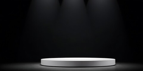 3D rendering product display platform,minimalist black gold cylindrical pedestal luxury product display on reflective surface,53
