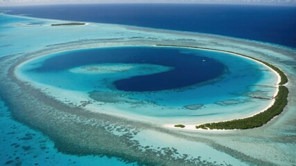 Fototapeta premium Aerial view of a circular coral reef surrounded by turquoise waters and lush greenery.
