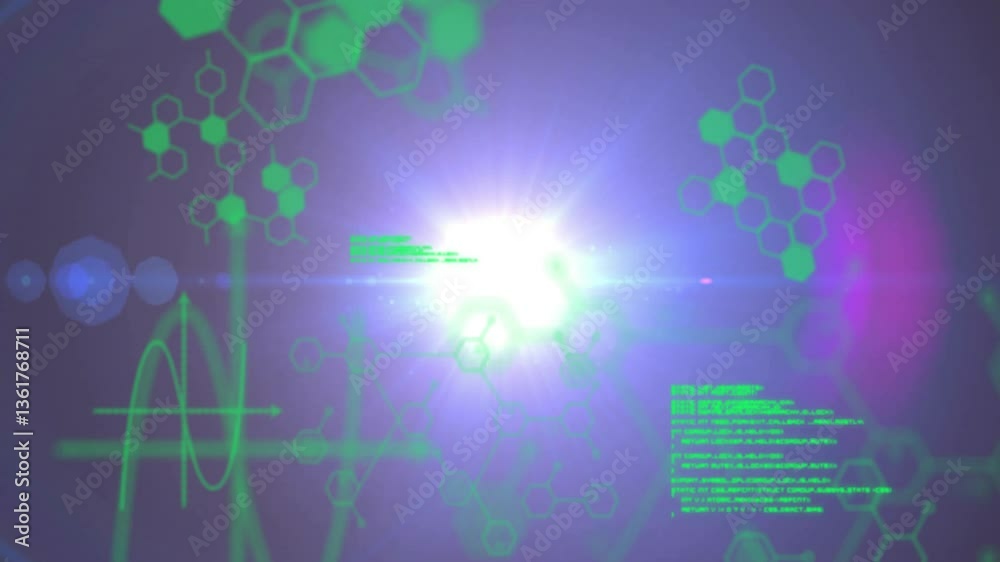 Poster animation of green digital code with hexagonal patterns on bright light burst background