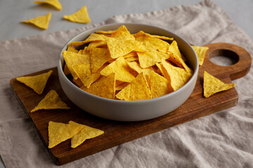 Homemade Tortilla Corn Chips in a Bowl, side view.