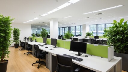 Modern Open Office Space with Green Accents: Natural Light, Clean Desks, and Abundant Plant Life for a Productive Work Environment.