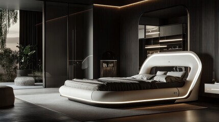 Fototapeta premium Contemporary Bedroom Design: Futuristic Bed with Integrated Lighting and Sleek Aesthetics