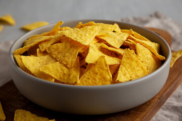 Homemade Tortilla Corn Chips in a Bowl, side view.