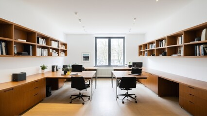 Clean and Modern Office Space Featuring Wooden Desks, Built-in Shelving, White Walls, and Natural Light Streaming Through a Large Window.