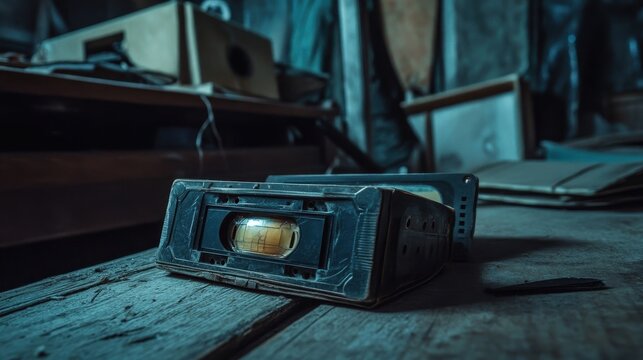 A weathered old cassette tape recorder rests on a wooden table