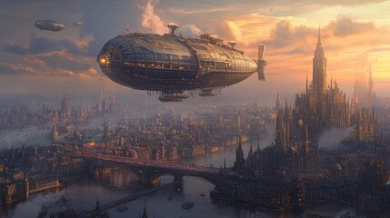 Naklejka premium Steampunk airship soaring over a vibrant cityscape at sunset, architectural marvel