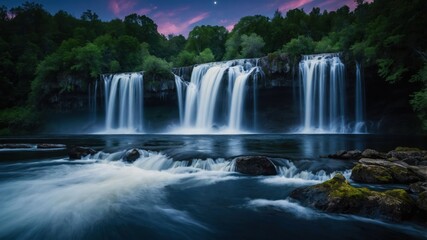 Obraz premium A serene waterfall cascading into a tranquil river, surrounded by lush greenery under a twilight sky.