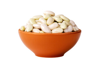 Young, raw white kidney beans in a ceramic bowl. Isolated on a transparent background