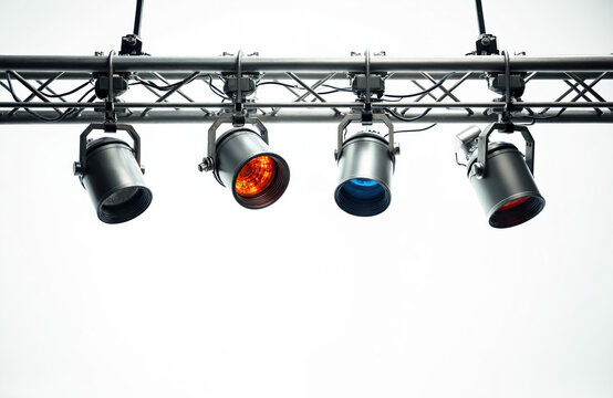 Stage spotlights, illuminating white backdrop. Metallic traverse system with different colored lights. Event, theatre, concert, show lighting tech concept. Modern spotlights. Performance,