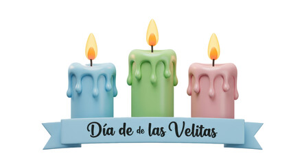 Isolated Three Candles with 'Día de las Velitas' Text Banner