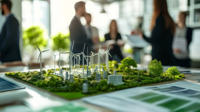 Sustainable energy meeting: diverse group discussing renewable solutions and wind turbines