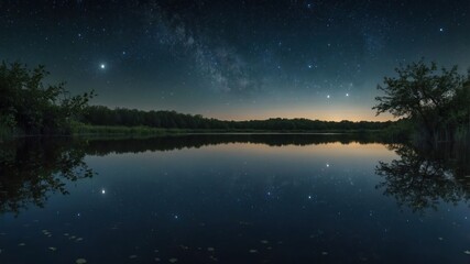 A serene night scene showcasing a starry sky reflected on a calm lake surrounded by lush greenery.