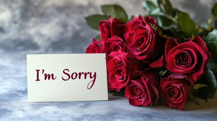 A bouquet of deep red roses next to an elegant apology card that reads "I'm Sorry" in beautiful script, set against a soft background for a heartfelt moment.