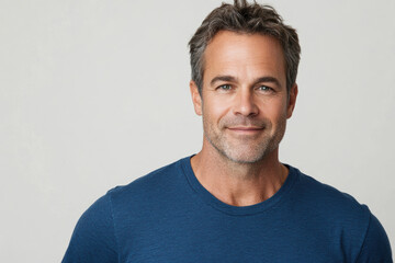 Confident man with gray hair smiling in casual blue shirt against neutral background