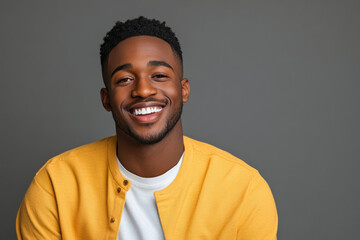 Obraz premium Smiling man in yellow sweater posing against gray backdrop, exuding confidence and joy