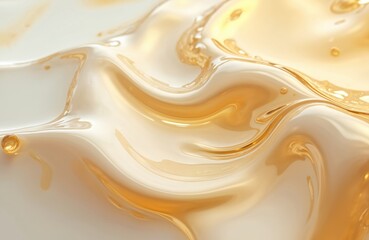 Elegant cosmetic oil with golden swirls. Serum, essence, liquid texture with bubbles. Luxury skincare product with moisturizing effect. Wellness, spa, beauty, cosmetology concept, smooth texture.