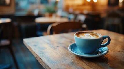 A candid shot of a warm cup of coffee on a cozy wooden table in a cafe, evoking a sense of comfort, relaxation, and cafe culture.