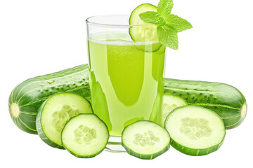 Refreshing Cucumber Juice, A Vibrant Green Drink Perfect For A Hot Summer Day, Garnished With Fresh Mint And Cucumber Slices, Shot Against A Bright Isolated on Transparent Background