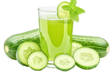 Refreshing Cucumber Juice, A Vibrant Green Drink Perfect For A Hot Summer Day, Garnished With Fresh Mint And Cucumber Slices, Shot Against A Bright Isolated on Transparent Background
