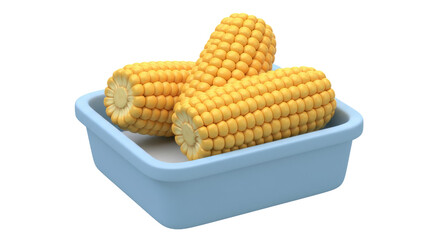 Isolated Three Ripe Corn Cobs in a Light Blue Container