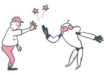 AIロボットと工員のハイタッチ　ストックイラスト素材	
