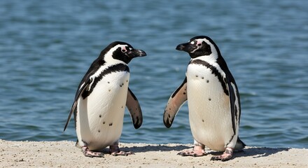 Obraz premium Two Penguins Standing on a Sandy Beach Near the Water's Edge