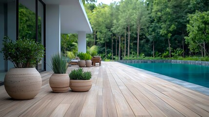 Modern Home Poolside Serenity with Lush Greenery