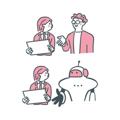 タブレットを手に先生またはAIロボットと会話する女子学生　セットのストックイラスト素材
