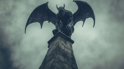 A winged horned creature statue sits atop a stone tower