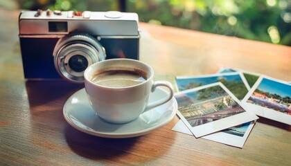 Polaroid camera and hot coffee on a cafe table