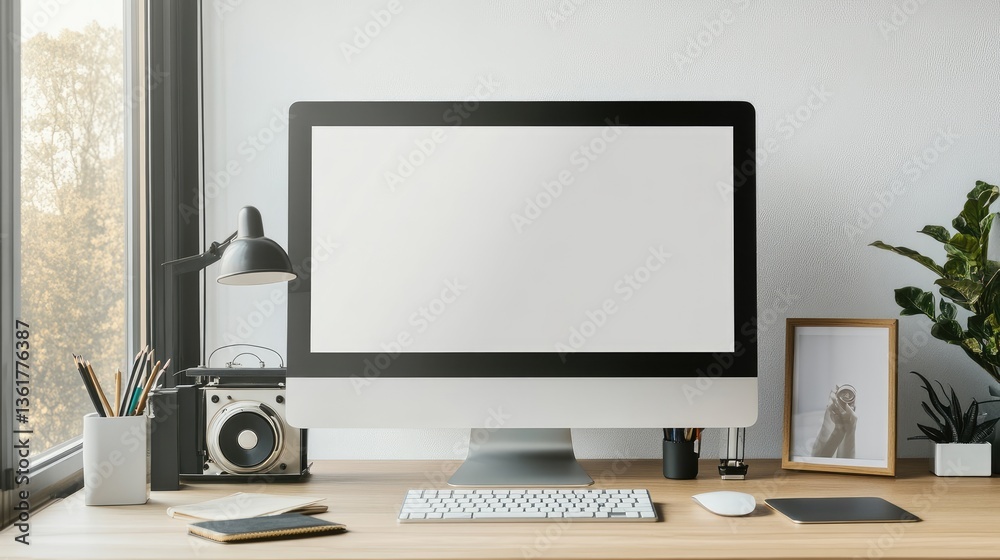Poster a clean scandinavian-inspired desk setup with a mock-up computer, photo frame, gramophone, and styli