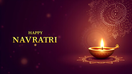 Happy Navratri Festive Greeting Card with Traditional Diya, Glowing Bokeh Lights, and Elegant Gold Text on Deep Maroon Background &ndash; Hindu Festival Celebration, Spiritual Poster and Social Media Banner