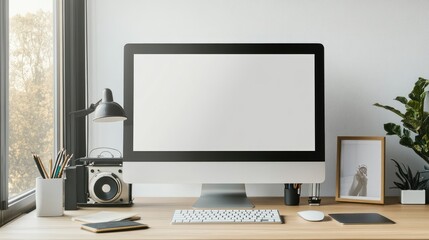 Fototapeta premium A clean Scandinavian-inspired desk setup with a mock-up computer, photo frame, gramophone, and stylish office accessories, blending work and leisure in one space.