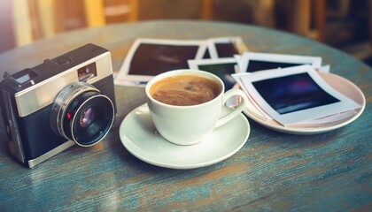 Polaroid camera and hot coffee on a cafe table