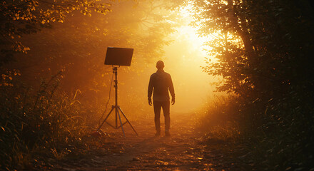 Man standing in foggy forest next to a light stand
