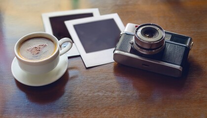 Polaroid camera and hot coffee on a cafe table