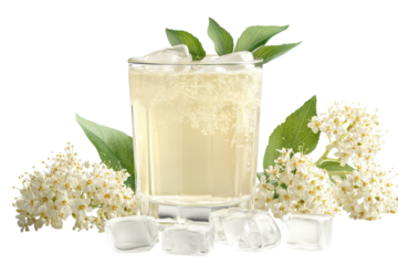 Refreshing Elderflower Fizz, A Summers Day Dream In A Glass, Surrounded By Delicate Blossoms And Sparkling Ice Cubes Isolated on Transparent Background