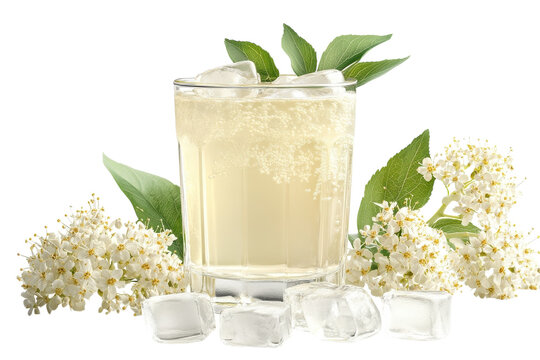 Refreshing Elderflower Fizz, A Summers Day Dream In A Glass, Surrounded By Delicate Blossoms And Sparkling Ice Cubes Isolated on Transparent Background