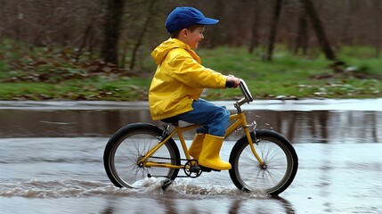 Fototapeta premium Happy Boy in a Yellow Jacket Riding a Bicycle Through a Puddle