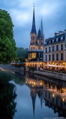 Naklejka premium Night view of the city, featuring water reflections and a starry foggy sky