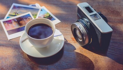 Polaroid camera and hot coffee on a cafe table