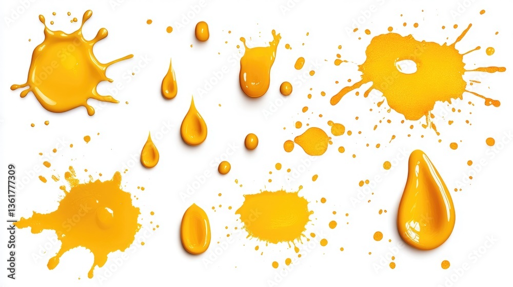 Poster a collection of amber yellow paint splats on a white background, featuring 38 isolated drops with so