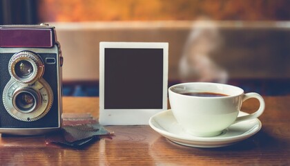 Polaroid camera and hot coffee on a cafe table