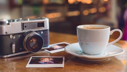 Polaroid camera and hot coffee on a cafe table