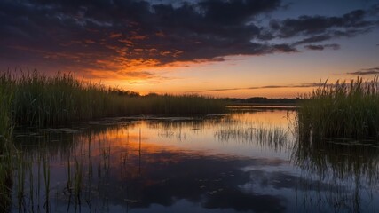Fototapeta premium A serene sunset over a calm lake surrounded by tall grasses, reflecting vibrant colors in the water.