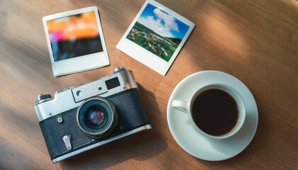 Polaroid camera and hot coffee on a cafe table