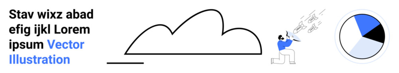 Fototapeta premium Abstract cloud shape, pie chart, text layout, and a person with tools. Ideal for creativity, data visualization, branding, marketing, analytics education simple landing page