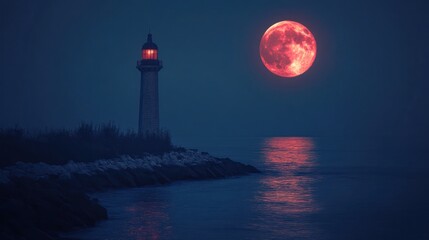 Lighthouse by Red Moon at Night