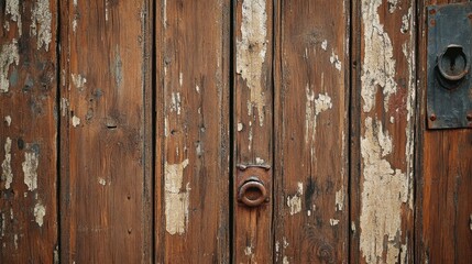 Naklejka premium A detailed shot of a brown wooden door with cracked paint, showing signs of wear and history, perfect for urban exploration or rustic-themed designs.