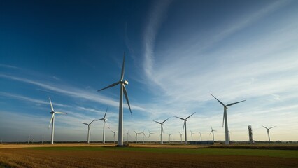 Whispering Giants: A Wind Farm Symphony Under Azure Skies, Harnessing Nature's Power for a Sustainable Tomorrow on the Horizon.